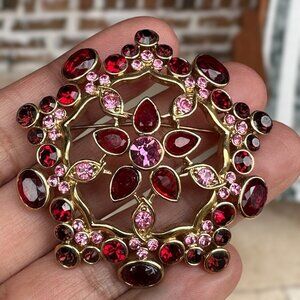 VTG Brooch‎ Pin 2" Rhinestone Blooming Flower Pink Red Gold Plated Geometric